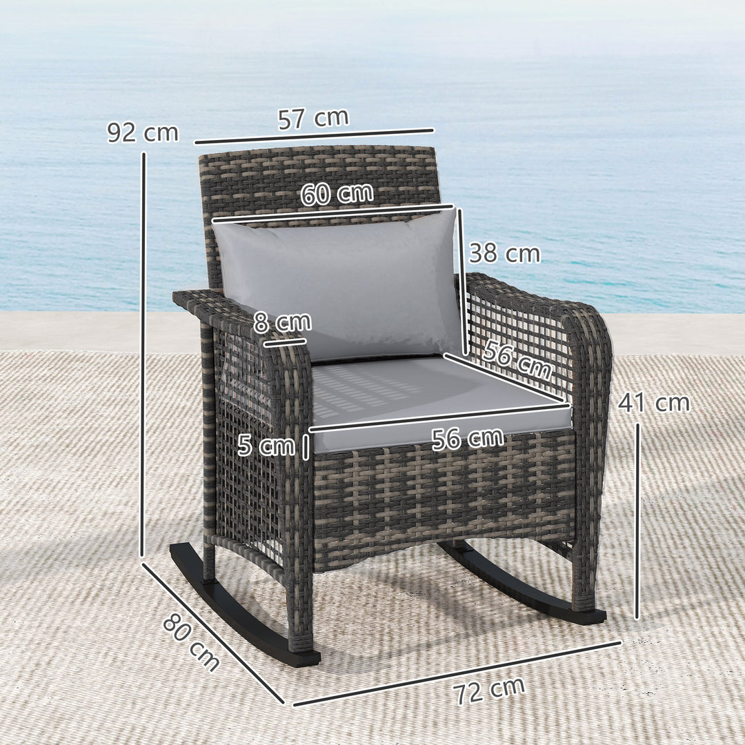 Garden Rocking Chair, Outdoor Rattan Rocker Lounge Chair with Seat and Back Cushions, Patio Armchair Seat with All-weather Wicker, Steel Frame for Porch Balcony, Light Grey