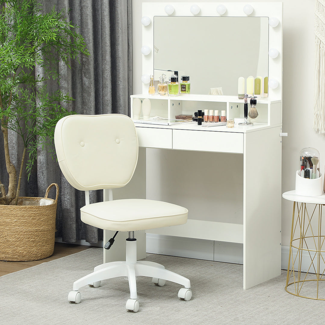 Vanity Office Chair, PU Leather Computer Chair for Home, with Adjustable Height, Armless, Swivel Wheels, Cream