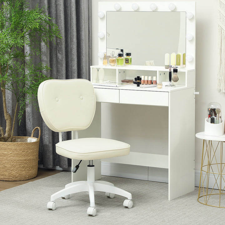 Vanity Office Chair, PU Leather Computer Chair for Home, with Adjustable Height, Armless, Swivel Wheels, Cream