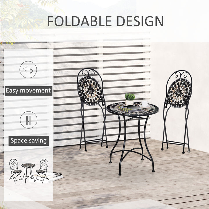 3 Pieces Garden Bistro Set with Coffee Table and 2 Folding Single Chairs, Mosaic Garden Table Top and Seats, Metal Frame, for Patio Balcony, Black