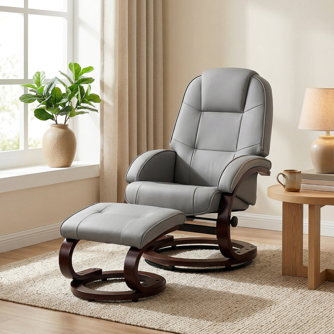 Swivel Recliner Chair with Footstool, PU Leather Recliner Armchair wit