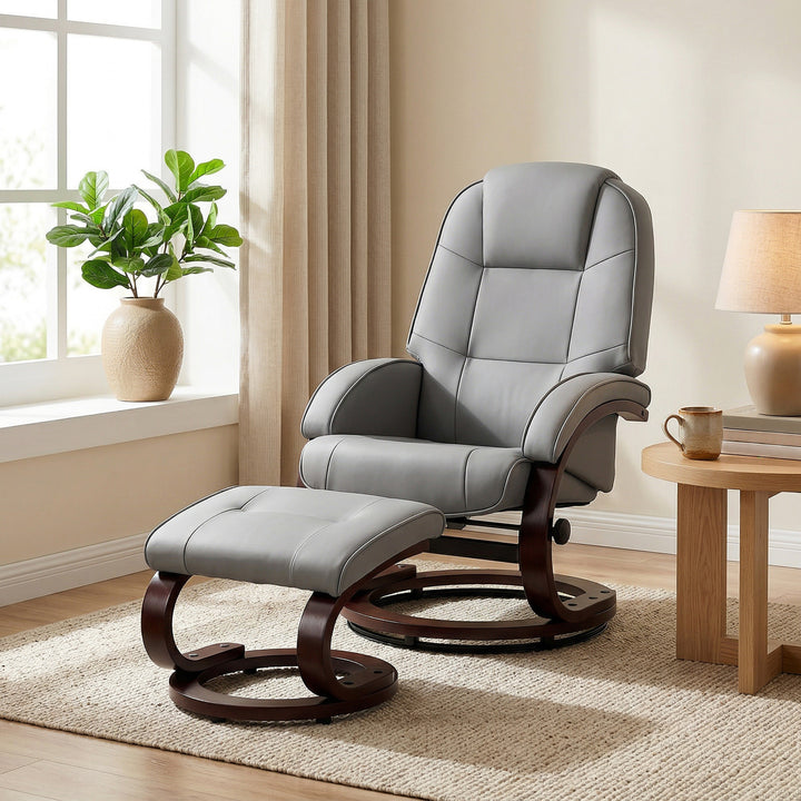 Swivel Recliner Chair with Footstool, PU Leather Recliner Armchair wit
