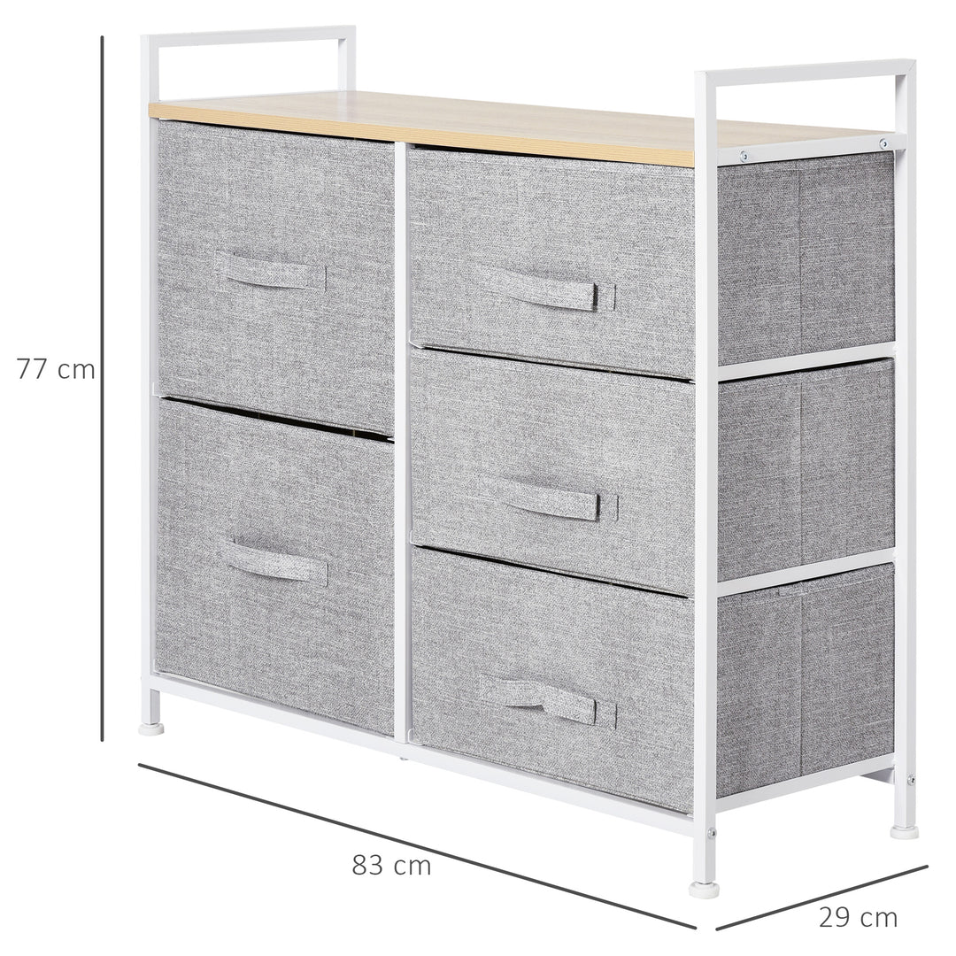 MCL 5 Drawer Linen Basket Storage Unit Home Organisation w/ Shelf Handles Metal Frame Adjustable Feet Hallway Home Dresser Grey