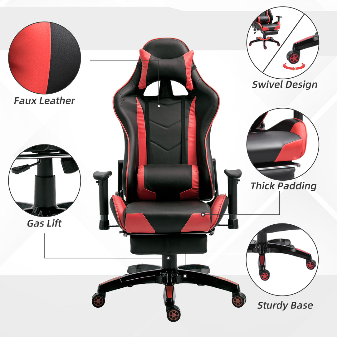 HOMCOM High-Back Gaming Chair Swivel Home Office Computer Racing Gamer Recliner Chair Faux Leather with Footrest, Wheels, Red Black | Aosom UK