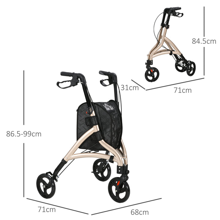 HOMCOM 3 Wheel Rollator, Lightweight Aluminium Tri Walker with Adjustable Handle, Storage Bag and Dual Brakes, Folding Mobility Walking Aid