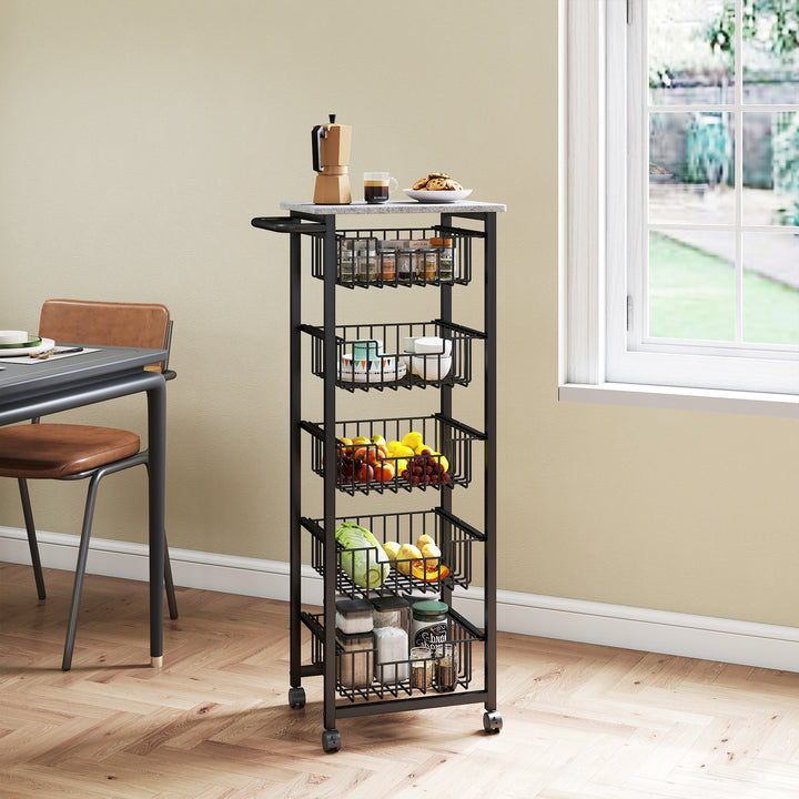 Five Basket Mobile Kitchen Island, with Brakes - Grey/Black