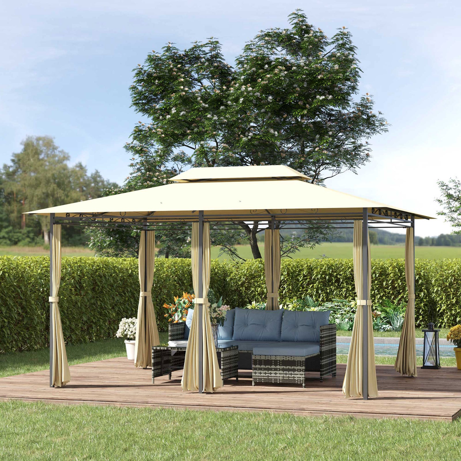 4m x 3(m)Garden Gazebo, Double Roof Outdoor Gazebo Canopy Shelter with Curtains, Solid Steel Frame for Lawn and Deck, Beige