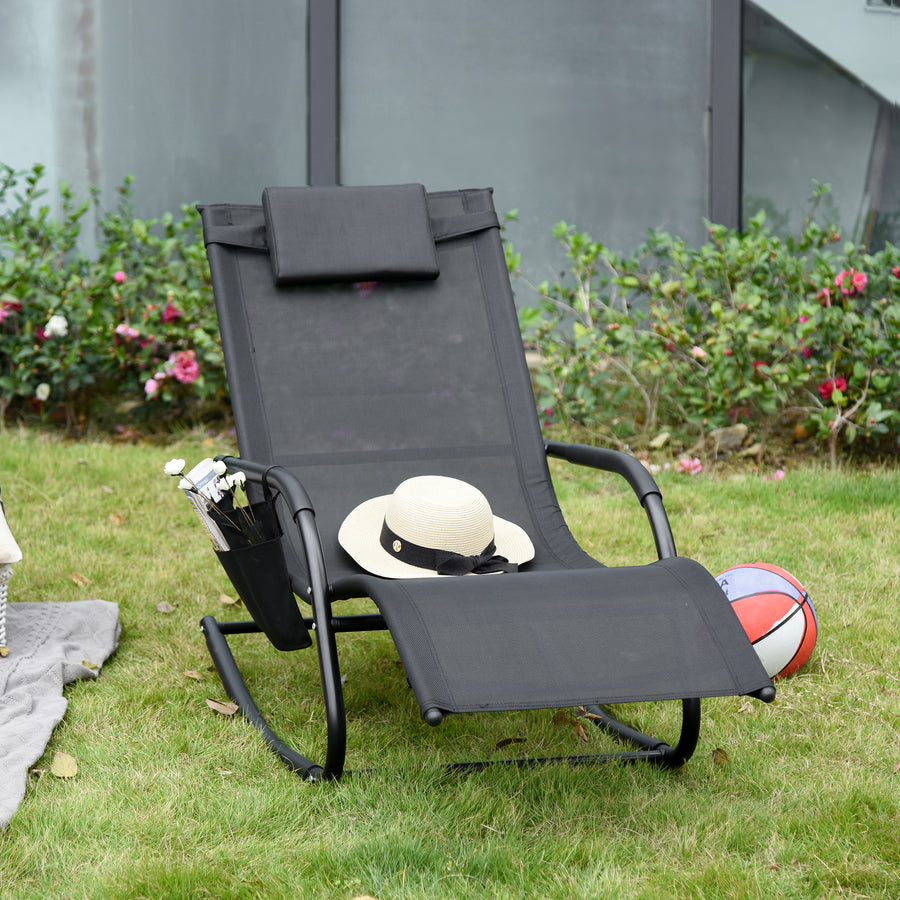 Outdoor Garden Rocking Chair, Patio Sun Lounger Rocker Chair with Breathable Mesh Fabric, Removable Headrest Pillow, Armrest, Side Storage Bag, Black