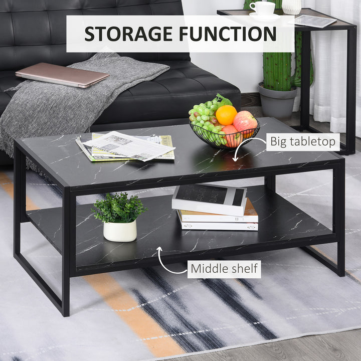 HOMCOM Elegant Two-Tier Coffee Table: Laminate Marble Print Top, Metal Frame, Foot Pads, 2 Shelves, Black | Aosom UK