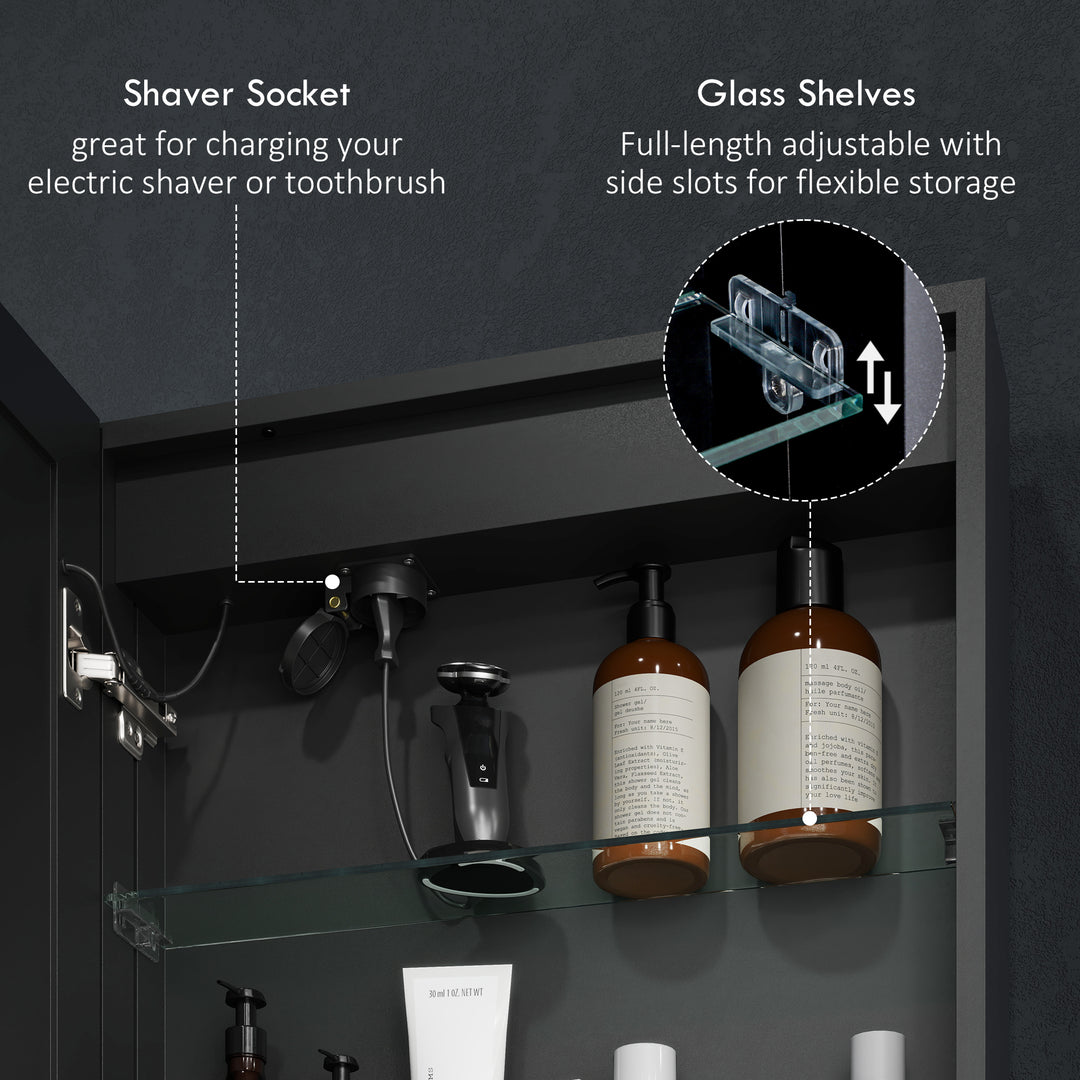 Bathroom Mirror Cabinet with LED Lights and Shaver Socket, 500 x 700 mm Wall Mounted Bathroom Cabinet with Mirror, Demister Pad, Dimmer, 3 Colours, Medicine Cabinet, Black