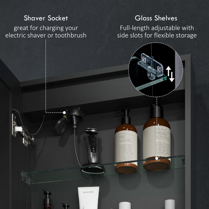 Bathroom Mirror Cabinet with LED Lights and Shaver Socket, 500 x 700 mm Wall Mounted Bathroom Cabinet with Mirror, Demister Pad, Dimmer, 3 Colours, Medicine Cabinet, Black