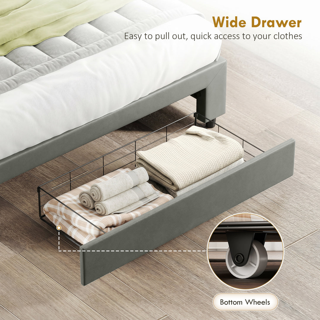 PU Leather King Size Ottoman Bed Frame, with Front Drawer - Grey