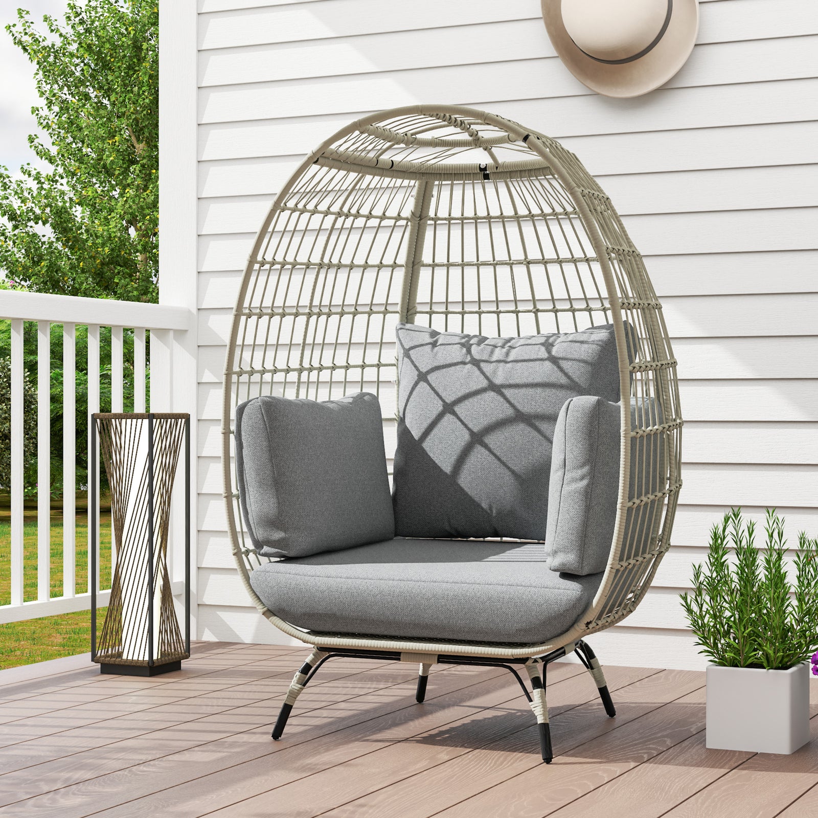 Rattan Egg Chair with Cushions and Pillows, Charcoal Grey