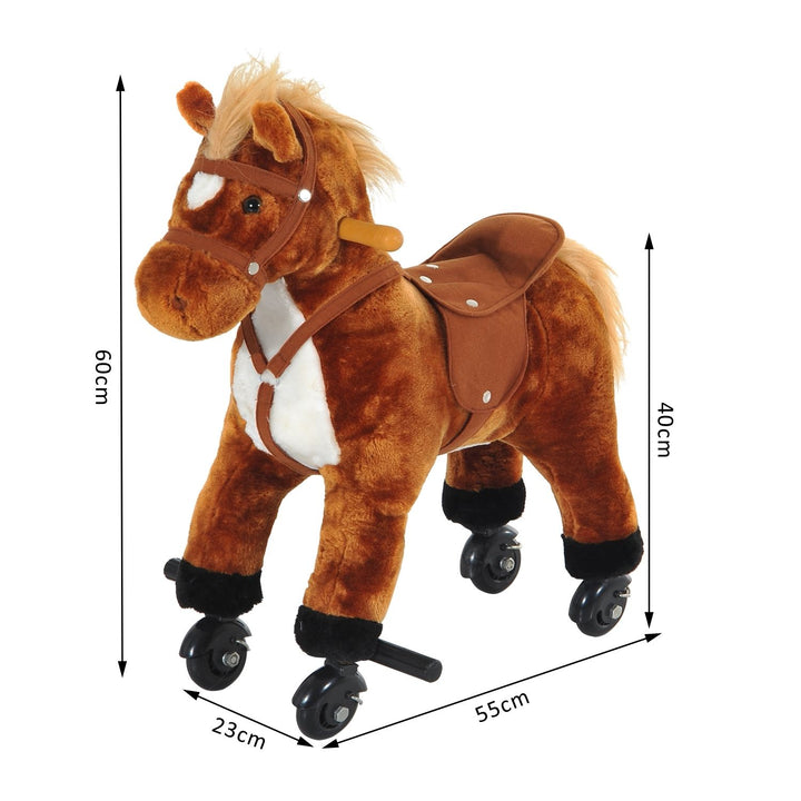 Rocking Horse Kids Ride on Walking Horse Animal Pony Wheeled Riding Plush Toy w/Sound for 2 Years and Up (Brown)