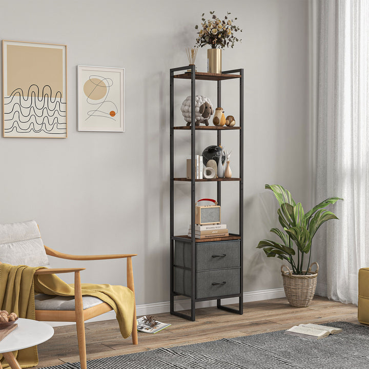 HOMCOM Industrial Bookcase 4-Tier Storage Shelf with 2 Fabric Drawers and Metal Frame for Living Room, Bedroom, Rustic Brown | Aosom UK