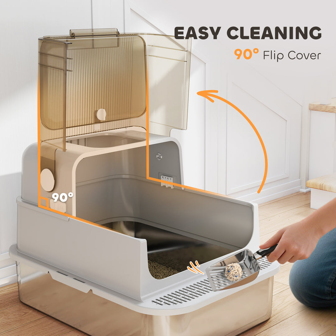 XXL Stainless Steel Cat Litter Tray, Enclosed Cat Litter Box with 90° Flip Cover, Double Doors, Scoop, Easy Clean