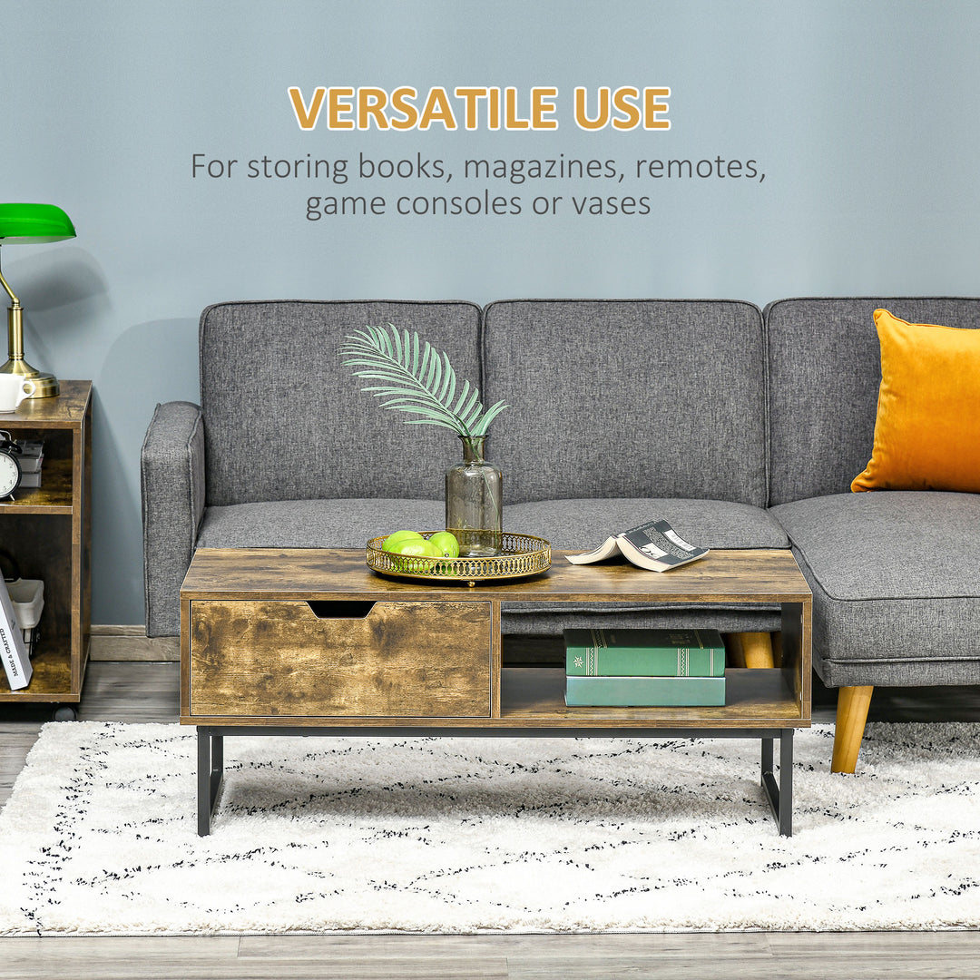 Industrial Coffee Table, Centre Table with Storage Shelf, Drawer and Metal Frame, Coffee Tables for Living Room, Office, 106W x 48D x 43H cm, Rustic Brown
