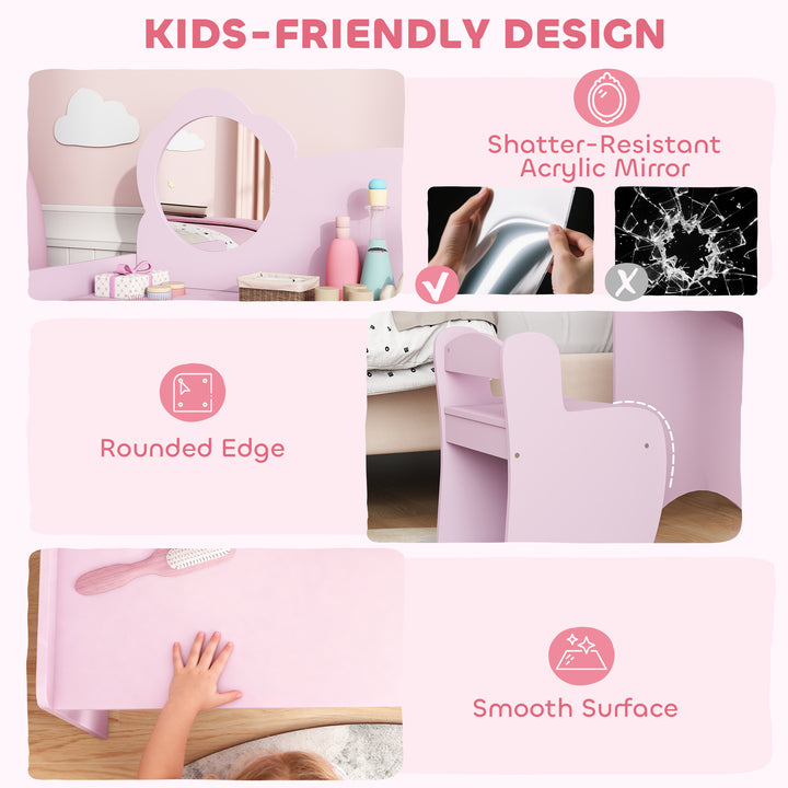 Kids Dressing Table with Mirror, Stool, Kids Vanity Table with Shelves, for Ages 3-8 Years
