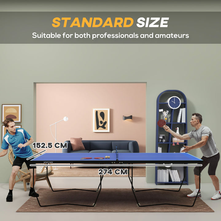 SPORTNOW 9FT Folding Tennis Table, with 8 Wheels, for Indoor Use, Blue