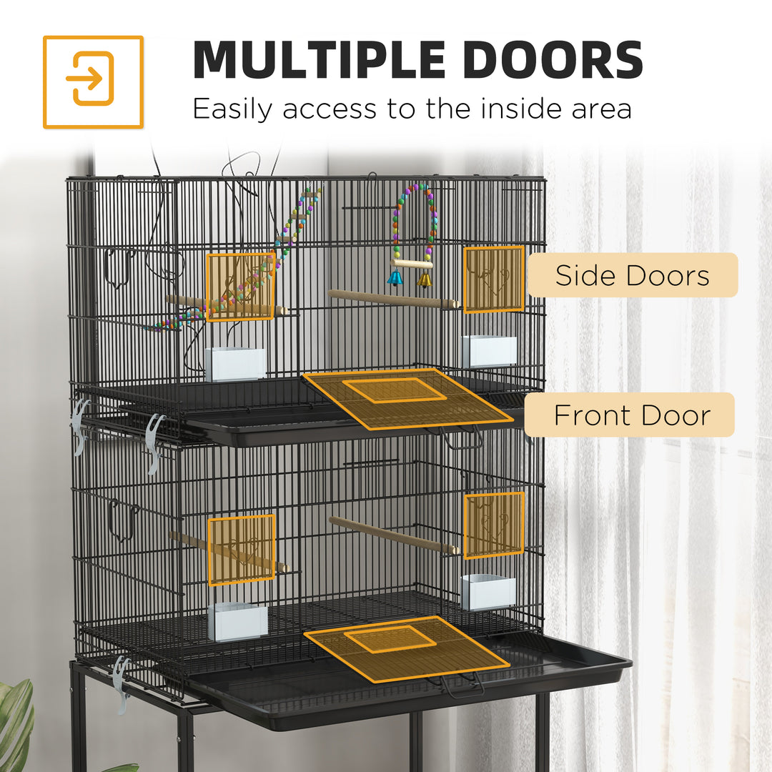 PawHut Double Stackable Bird Cage on Wheels w/ Stand, for Canaries | Aosom UK