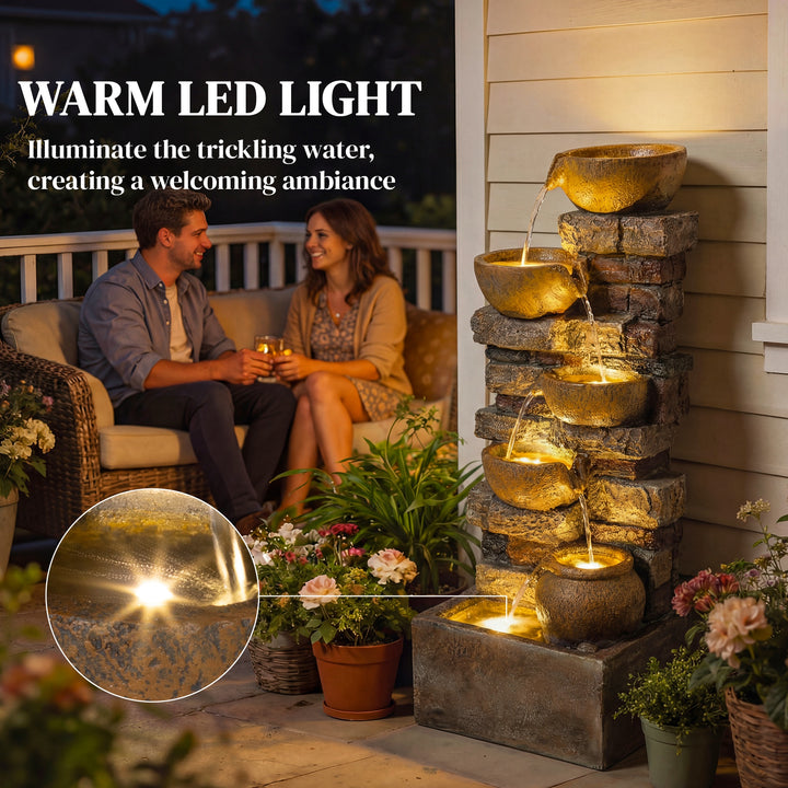 28" 5-Tier Outdoor Fountain, Cascading Waterfall Feature with LED Ligh