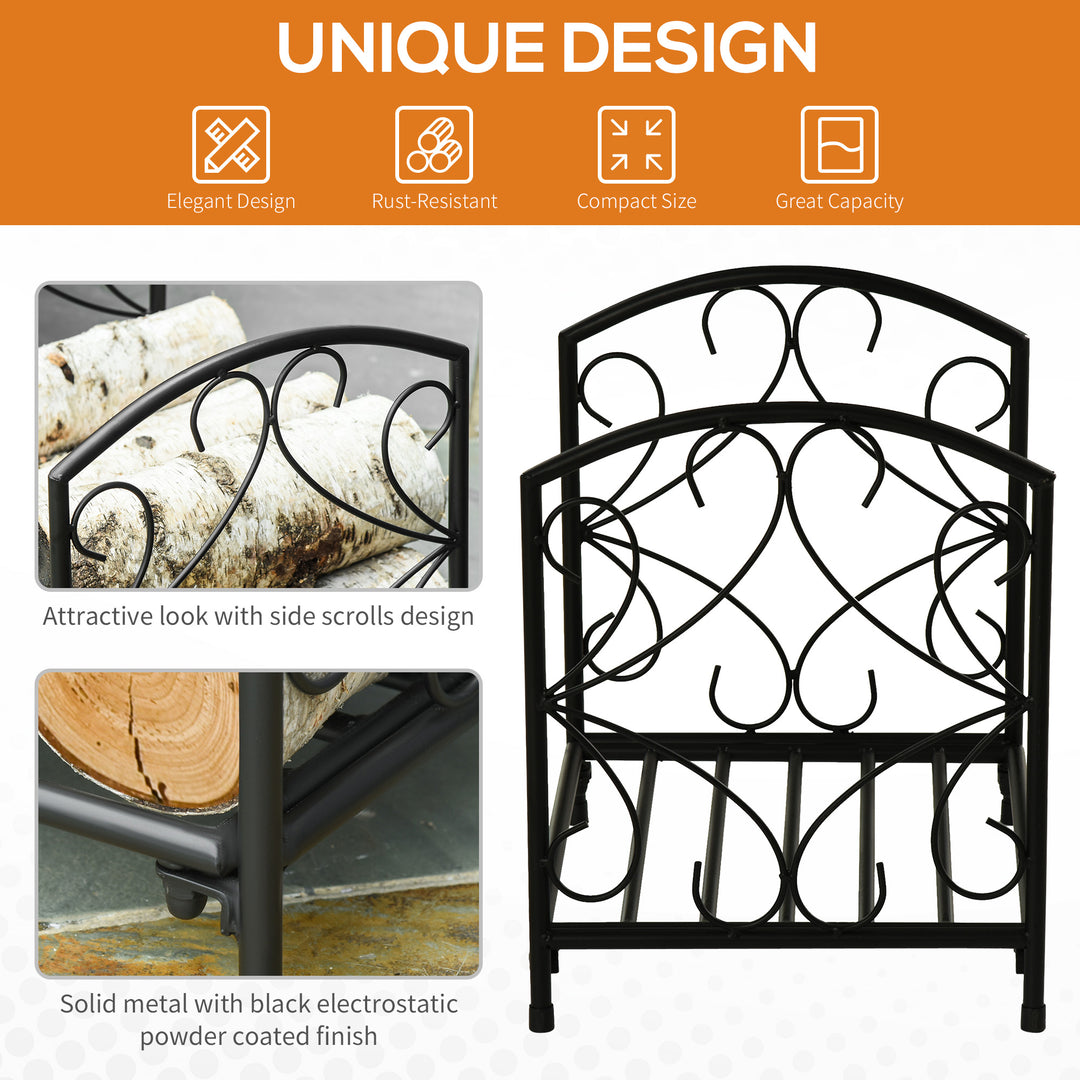 Metal Firewood Log Holder Indoor Outdoor Firewood Rack Fireplace Wood Storage Shelf w/ Elegant Scrolls, Rust-Resistant, Black, 39.5L x 31.5W x 39.5H cm
