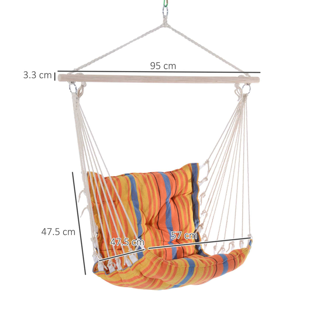 Outdoor Hanging Rope Chair with Soft Padded Seat & Backrest, Garden Hammock Chair with Wooden Support Bar Cotton Cloth, Portable Garden Chair for Patio & Tree, Orange