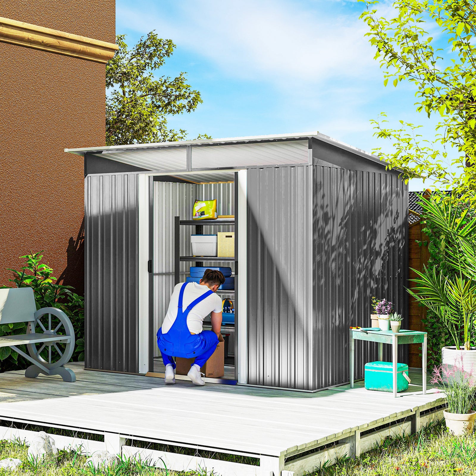 Garden Metal Storage Shed House Hut Gardening Tool Storage w/ Tilted Roof and Ventilation 8.5 x 6ft, Grey
