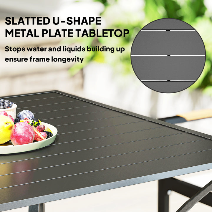 Outsunny 94 x 94 cm Garden Table with Parasol Hole, Outdoor Dining Garden Table for Four with Slatted Metal Plate Top, Dark Grey