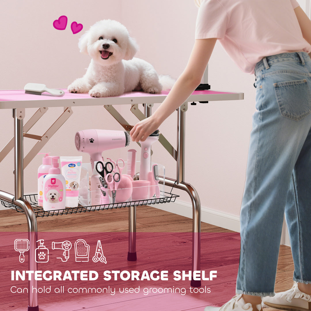 42" Dog Grooming Table, Adjustable Pet Cat Drying Beauty Table with 2 Loops Storage Basket, Rubber Top, Pink