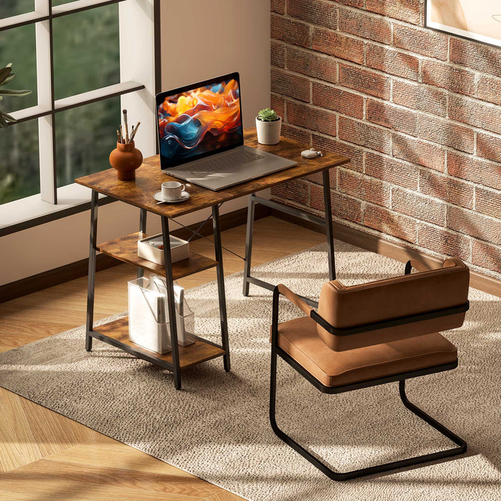 Industrial-Style Work Desk, with Shelves - Brown/Black