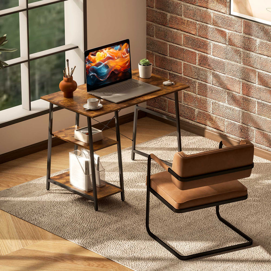 Industrial-Style Work Desk, with Shelves - Brown/Black