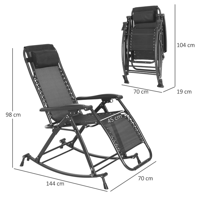 Garden Rocking Chair Folding Recliner Outdoor Adjustable Sun Lounger Rocker Zero-Gravity Seat with Headrest Side Holder Patio Deck - Grey