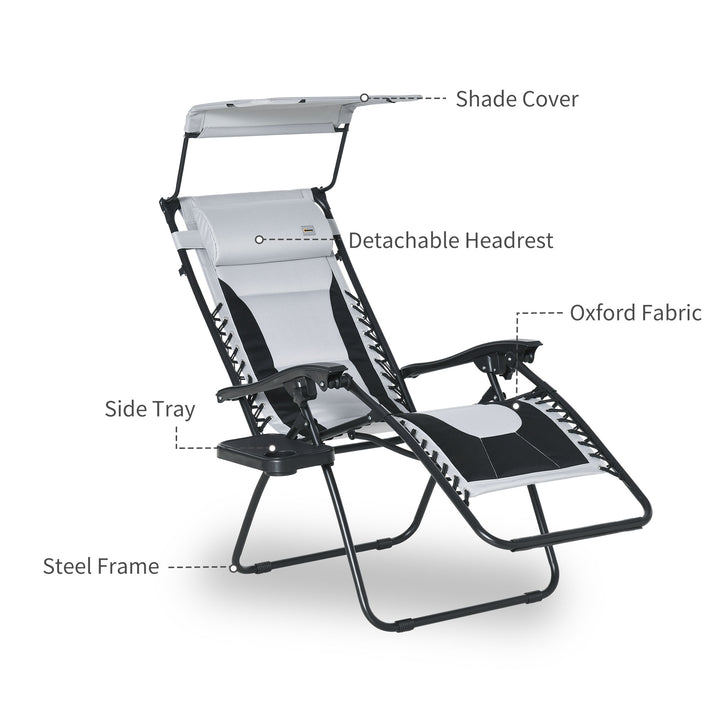 Zero Gravity Lounger Chair, Folding Reclining Patio Chair with Shade Cover, Padded Seat, Cup Holder, Soft Cushion and Headrest for Poolside, Camping, Grey
