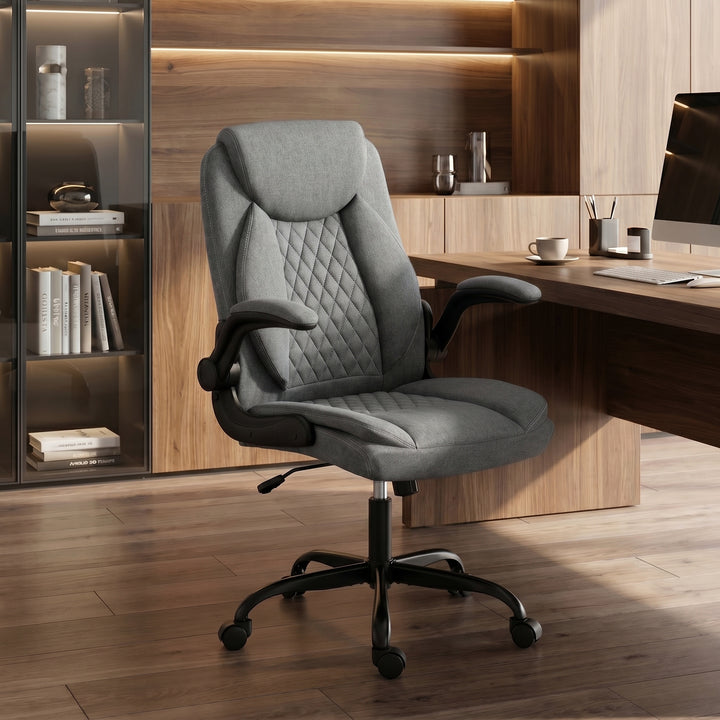 Linen-Look Computer Desk Chair, Executive Office Chair with Flip-Up Ar