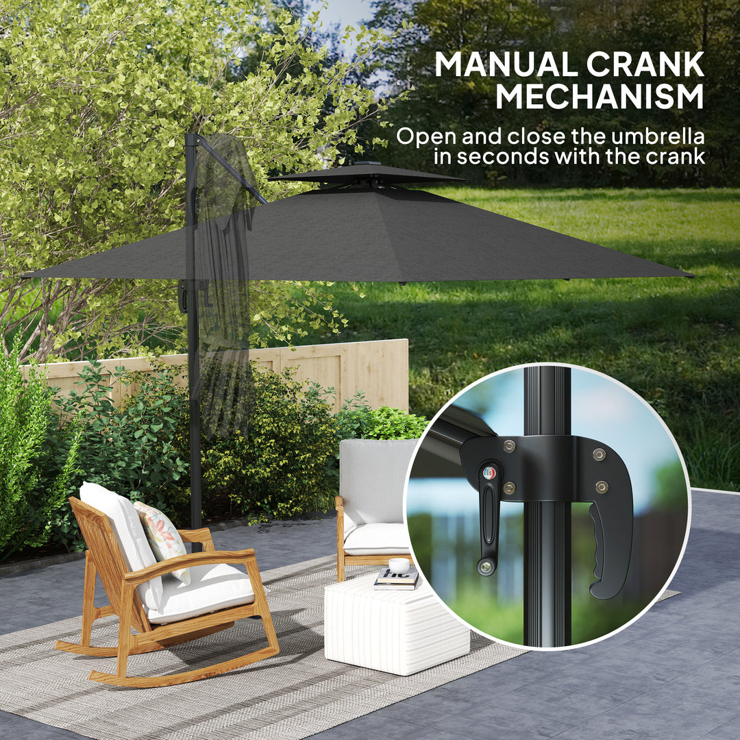 2.5m Cantilever Parasol with Solar Powered LED Lights, 360° Rotation, Tilt Adjustment, Crank Handle, Dark Grey