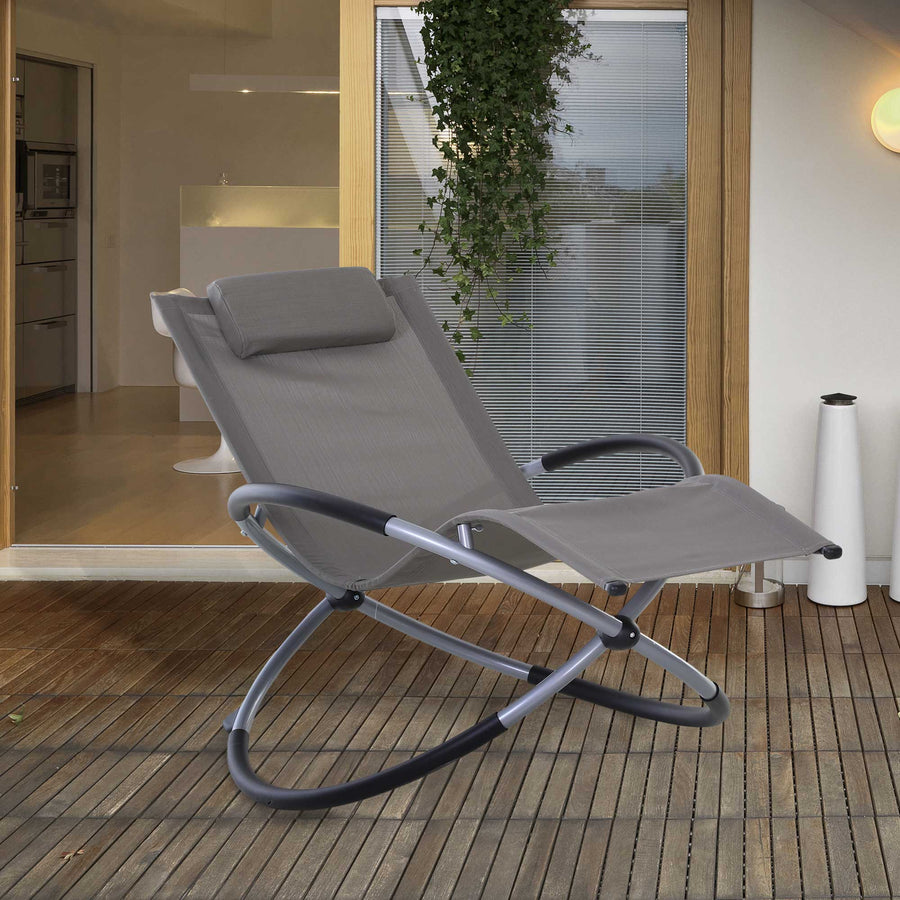 Outdoor Orbital Lounger Zero Gravity Patio Chaise Sun Lounger Foldable Rocking Chair with Pillow, Grey