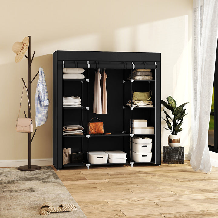 Portable Wardrobe, Foldable Fabric Wardrobe, 150 x 43 x 162.5cm, Clothes Storage Organiser with Hanging Rail, Shelves, Fabric Cover for Bedroom, Black