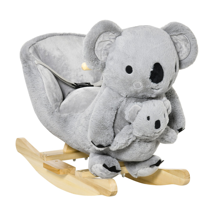 MCL Kids Toddler Rocking Horse Plush Ride On Koala Rocker Wooden Base Seat Safety Belt w/ Gloved Doll Toy for 18-36 Months Grey