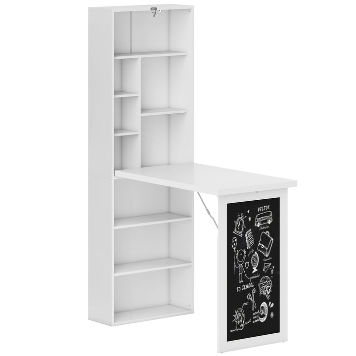 Wall Mounted Computer Desk, Folding Study Table with Black Board and Bookshelf, Multifunctional Floating Writing Desk for Home Office, White