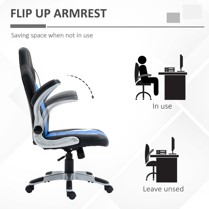 Computer Gaming Chair, Office Desk Swivel Chair, PU Leather Racing Chair with 90° Flip-up Armrest, Adjustable Height and Rolling Wheels, Blue