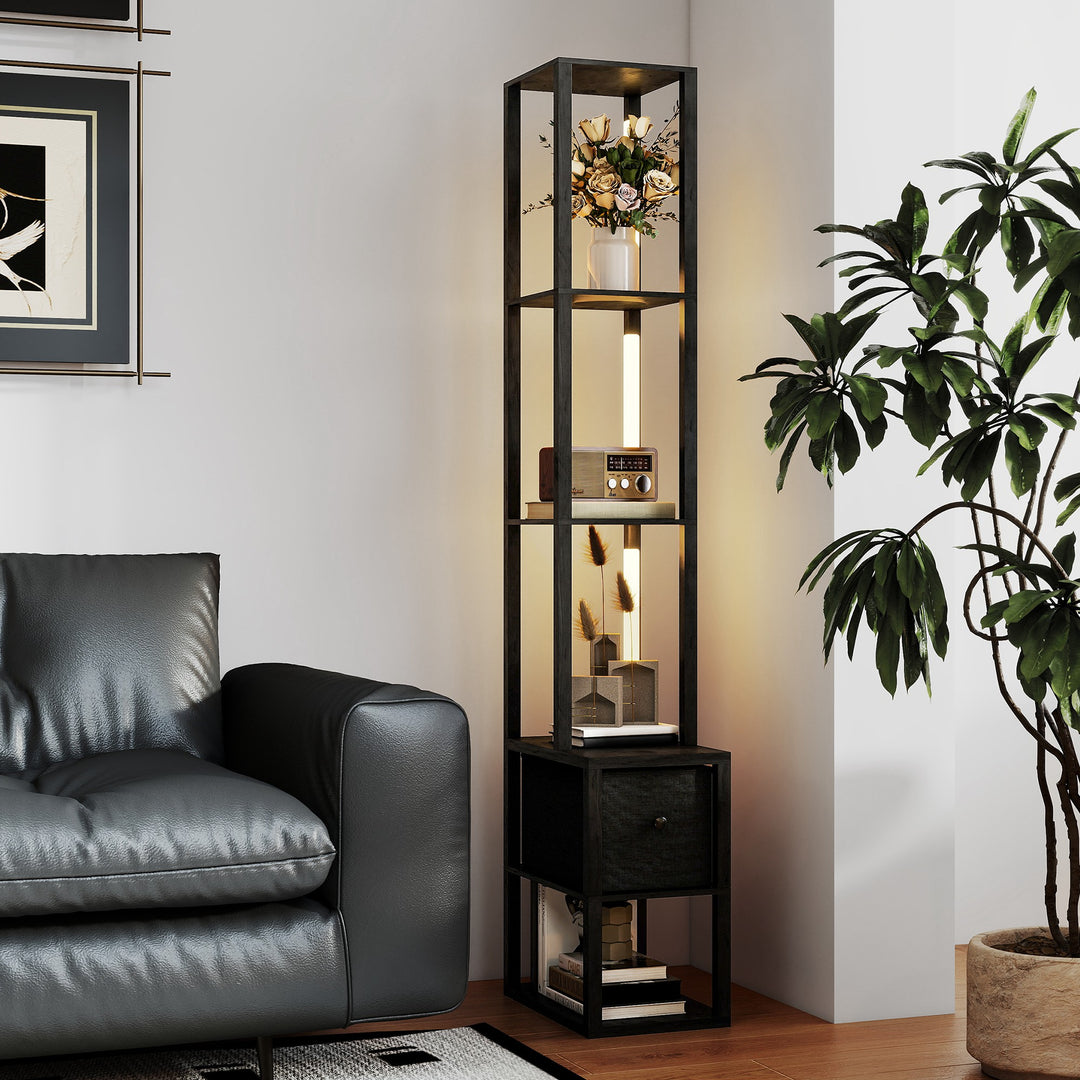 Floor Lamp with Shelves, LED Column Modern Standing Lamp with Fabric Drawer, Adjustable Brightness, Foot Switch for Living Room, Bedroom, Office, Black