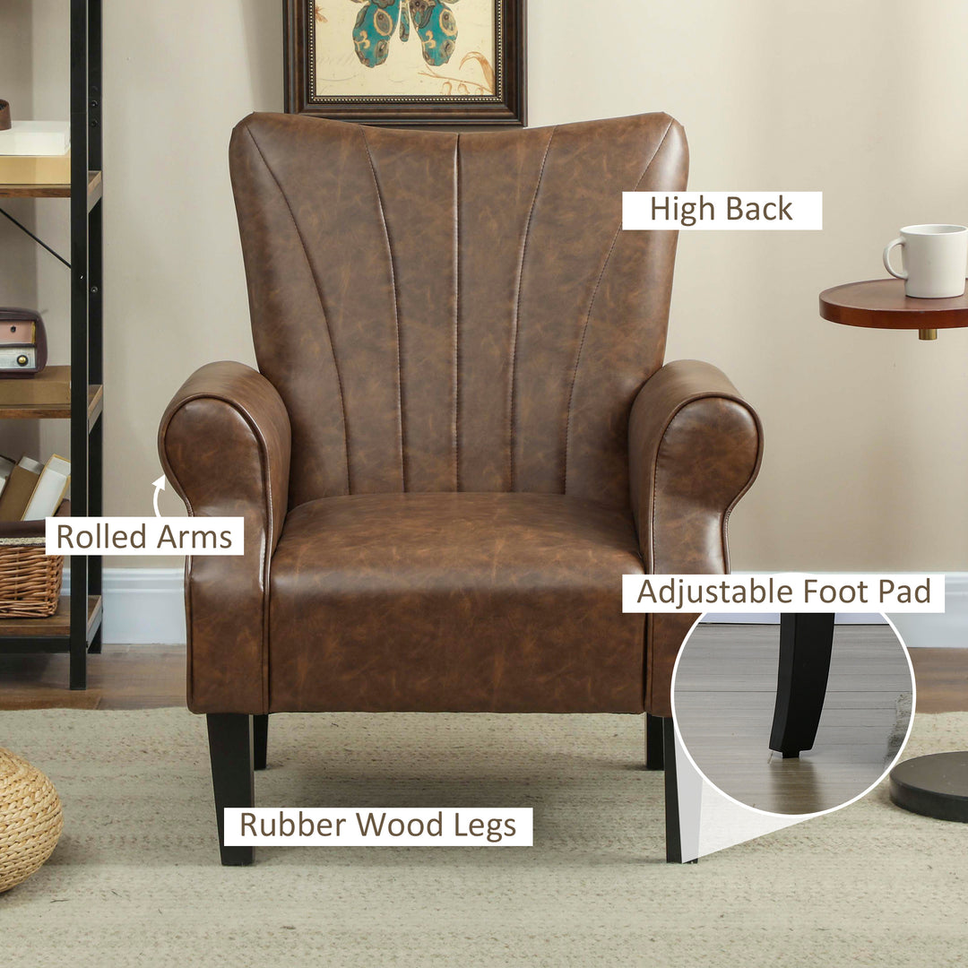 Upholstered Accent Chair with Rolled Arms and Wood Legs, Armchair for Living Room Bedroom, Brown