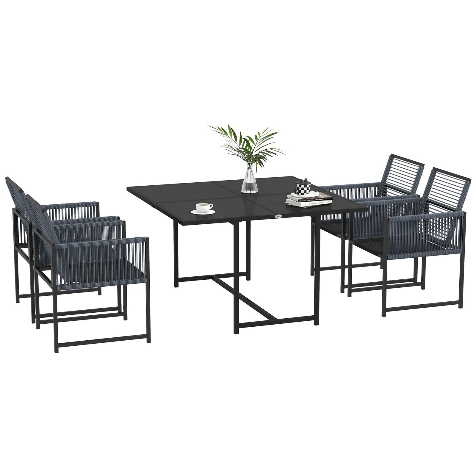 Five-Piece Metal Dining Set, with Folding Back Chairs, Dark Grey