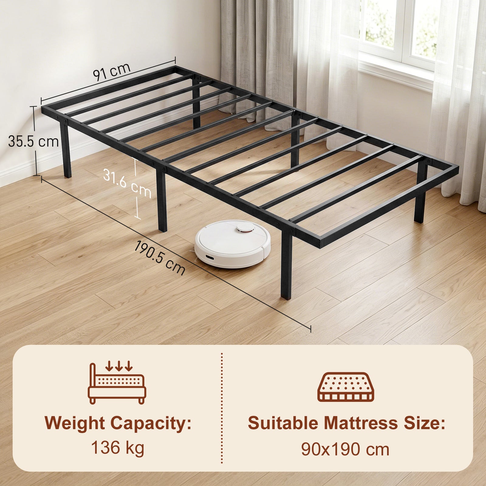 3ft Single Bed Frame with Underbed Storage, Metal Platform Bed Frame w