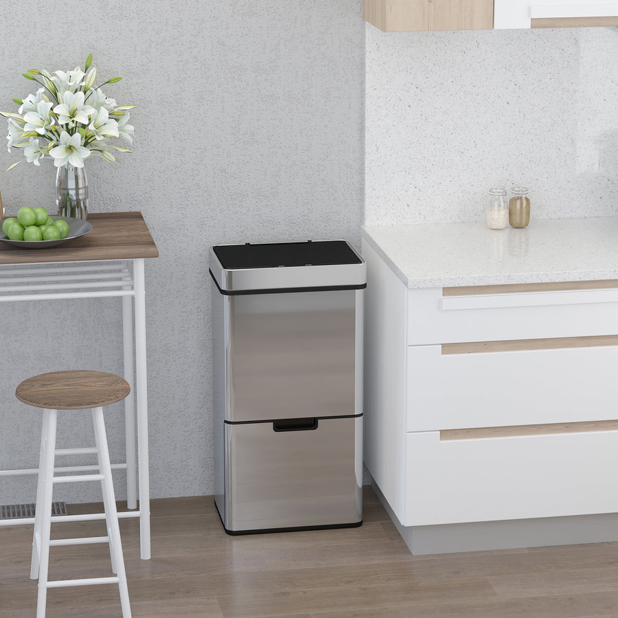 72L Recycling Sensor Bin Stainless Steel 3 Compartments For Both Wet/Dry Waste w/Removable Lid Kitchen Home