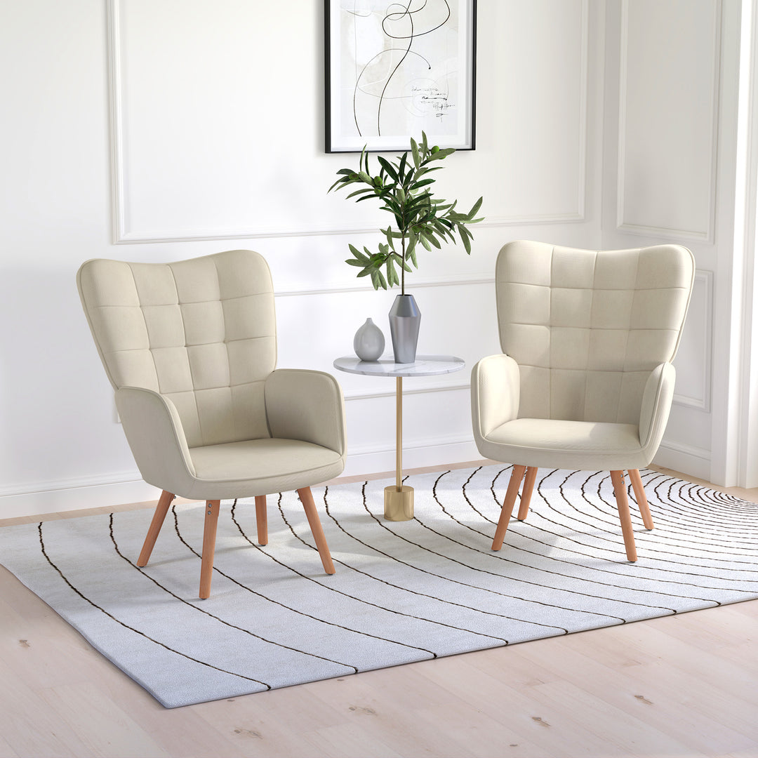 Modern Accent Chair Set of 2 Velvet-Touch Tufted Wingback Armchair Upholstered Leisure Lounge Sofa Club Chair with Wood Legs, Cream White