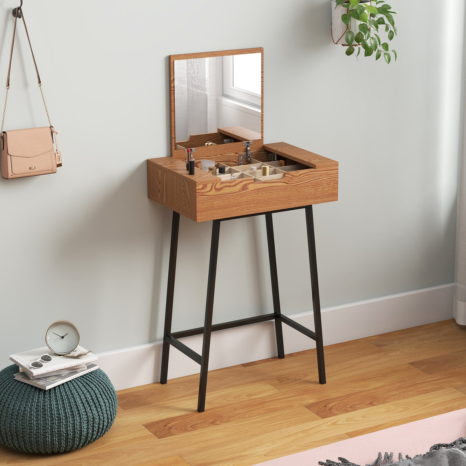 Vanity Desk with Flip-Up Mirror, Industrial Dressing Table with 16 Small Compartments for Bedroom, Natural Wood Effect