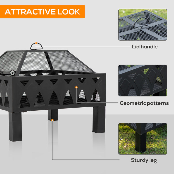 66cm Outdoor Fire Pit with Screen Cover, Wood Burner, Log Burning Firepit Bowl with Poker for Patio, Backyard, Black