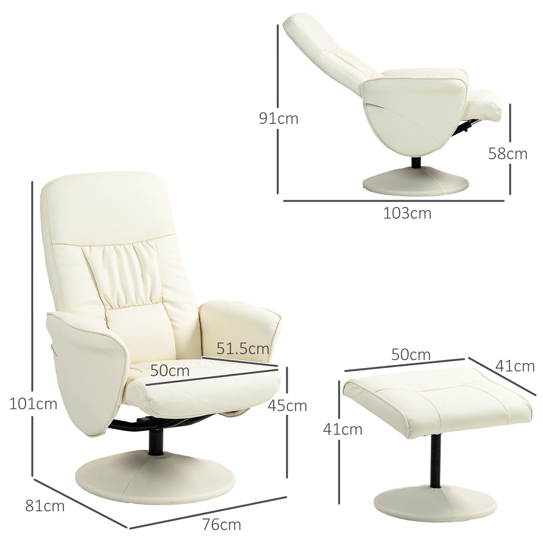 Swivel Recliner Chair with Footstool, HOMCOM PU Leather Armchair and Ottoman with High Back and Round Base for Living Room, Cream White | Aosom UK